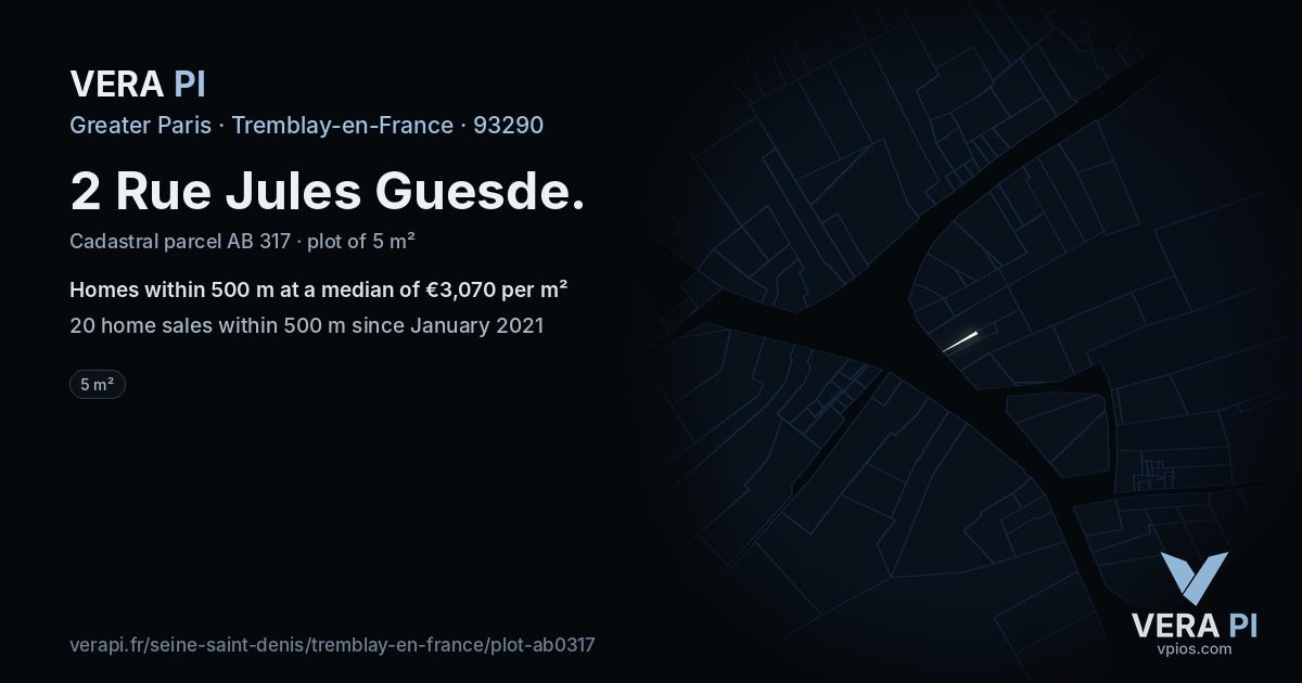 2 Rue Jules Guesde, Tremblay-en-France at night – the plot lit, the parcels around coloured by the prices near them