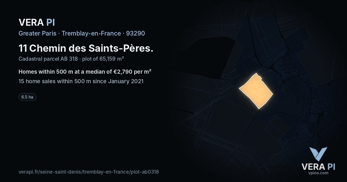 11 Chemin des Saints-Pères, Tremblay-en-France at night – the plot lit, the parcels around coloured by the prices near them