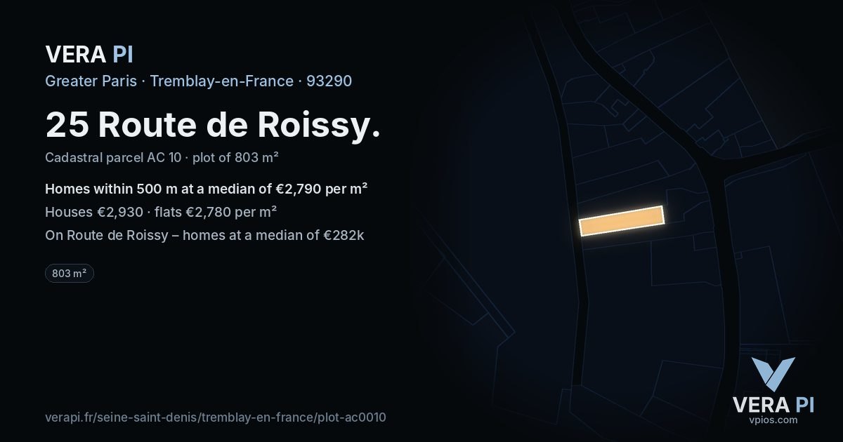 25 Route de Roissy, Tremblay-en-France at night – the plot lit, the parcels around coloured by the prices near them