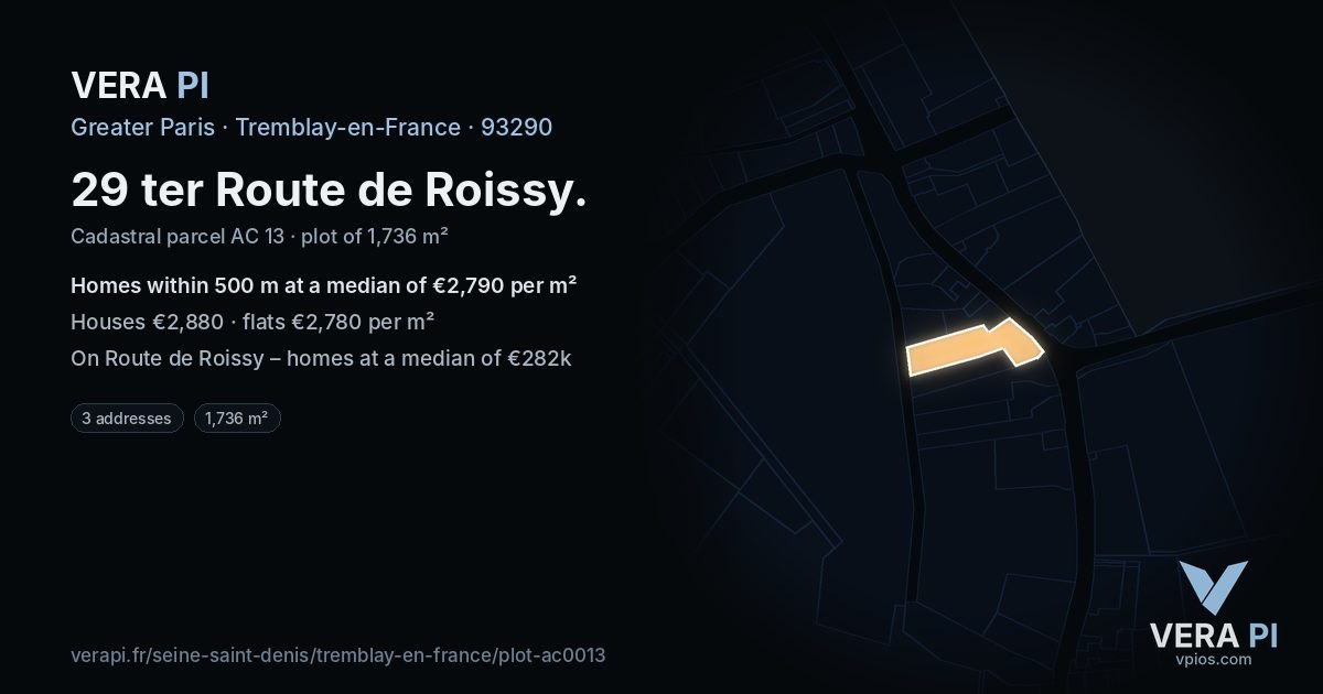 29 ter Route de Roissy, Tremblay-en-France at night – the plot lit, the parcels around coloured by the prices near them
