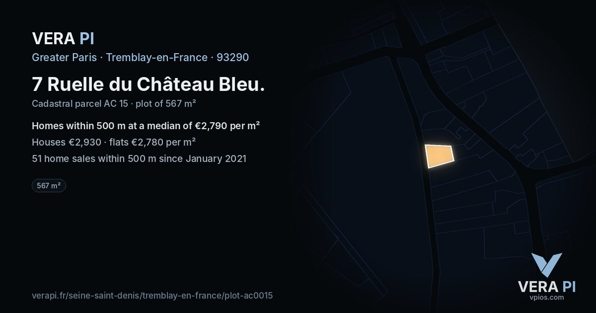 7 Ruelle du Château Bleu, Tremblay-en-France at night – the plot lit, the parcels around coloured by the prices near them