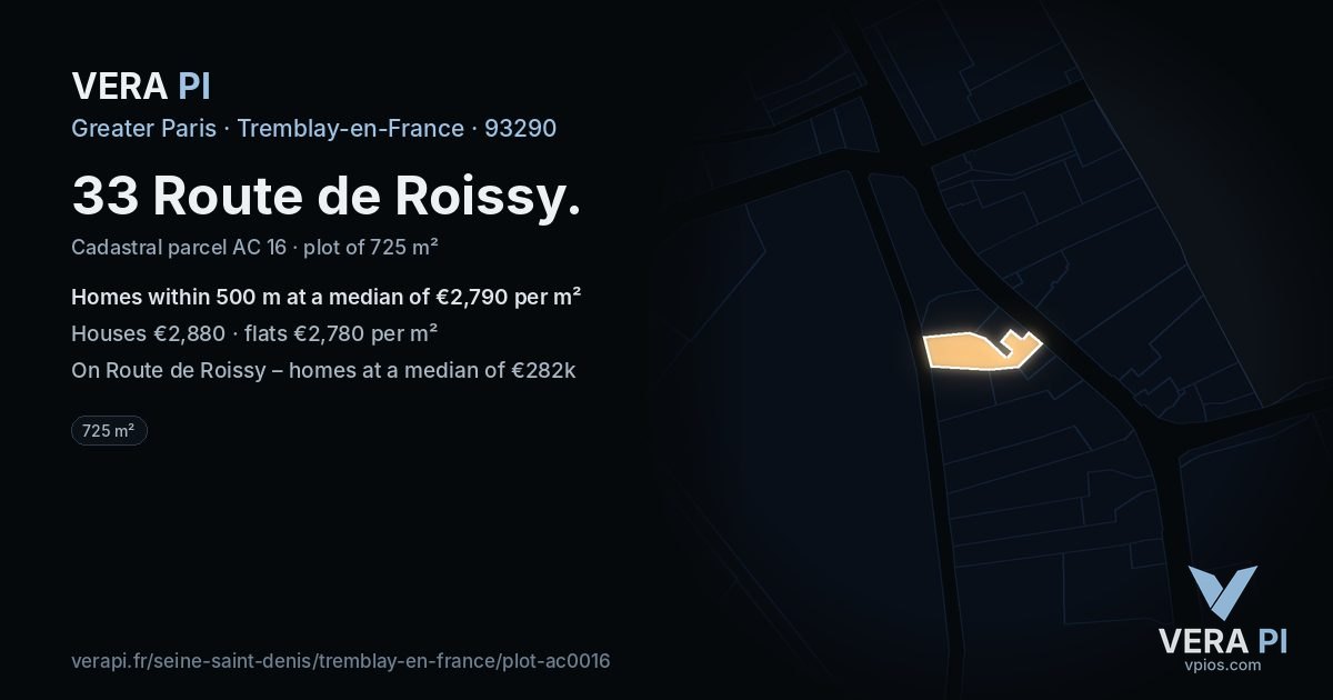 33 Route de Roissy, Tremblay-en-France at night – the plot lit, the parcels around coloured by the prices near them