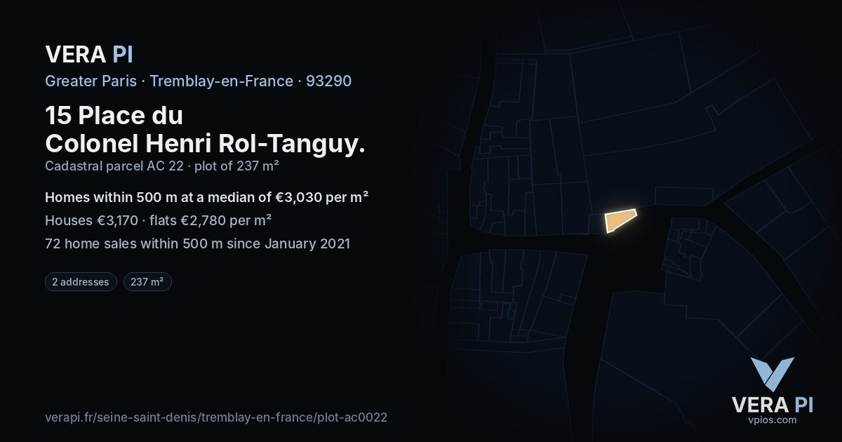 15 Place du Colonel Henri Rol-Tanguy, Tremblay-en-France at night – the plot lit, the parcels around coloured by the prices near them