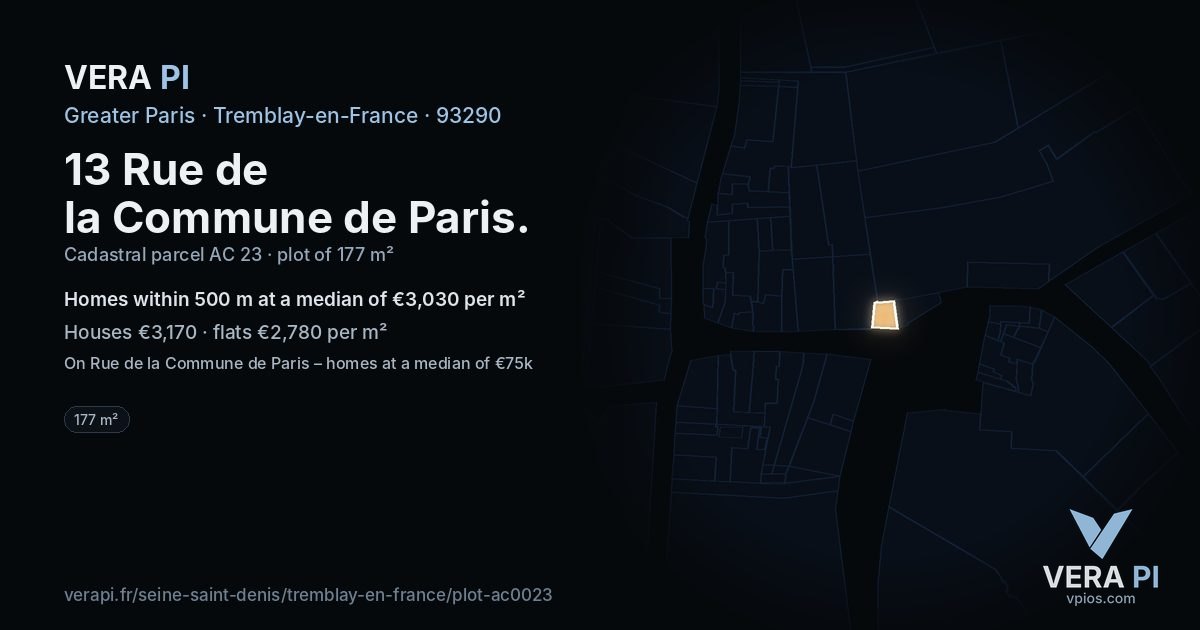 13 Rue de la Commune de Paris, Tremblay-en-France at night – the plot lit, the parcels around coloured by the prices near them