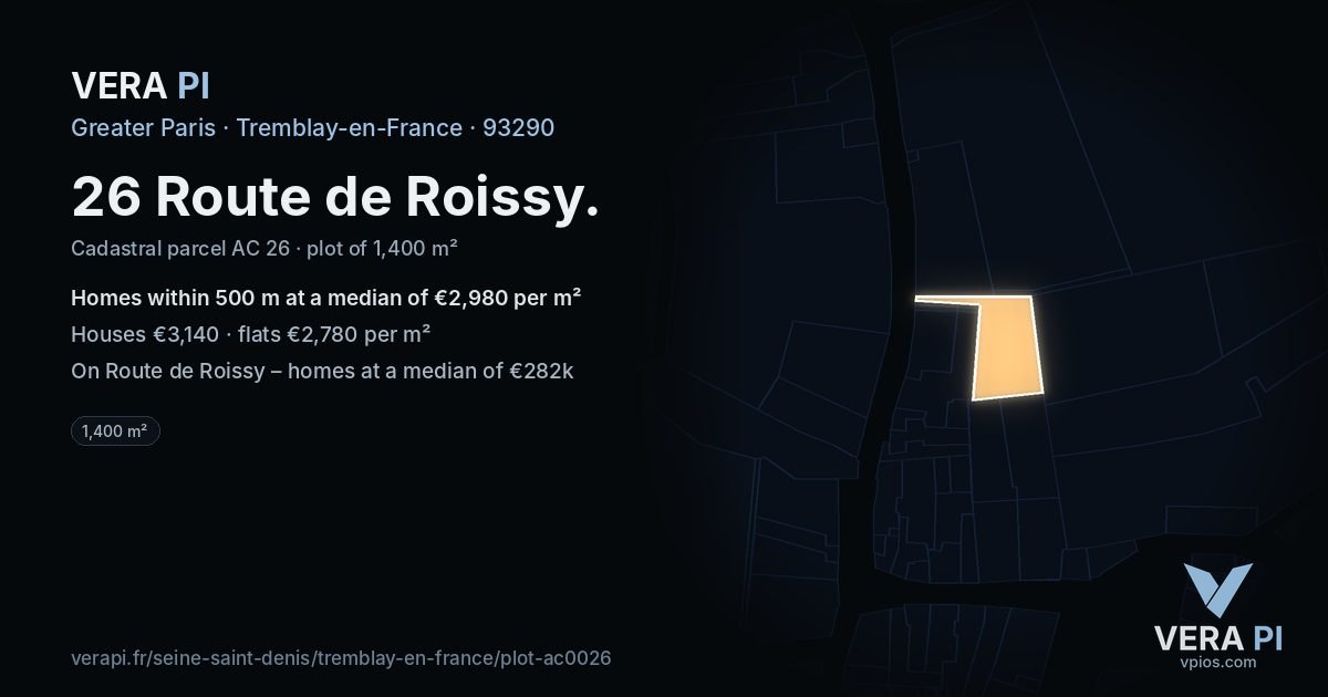 26 Route de Roissy, Tremblay-en-France at night – the plot lit, the parcels around coloured by the prices near them