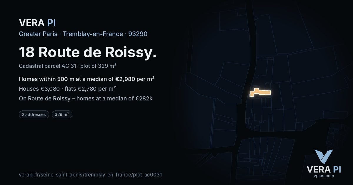 18 Route de Roissy, Tremblay-en-France at night – the plot lit, the parcels around coloured by the prices near them