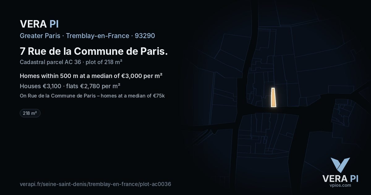 7 Rue de la Commune de Paris, Tremblay-en-France at night – the plot lit, the parcels around coloured by the prices near them
