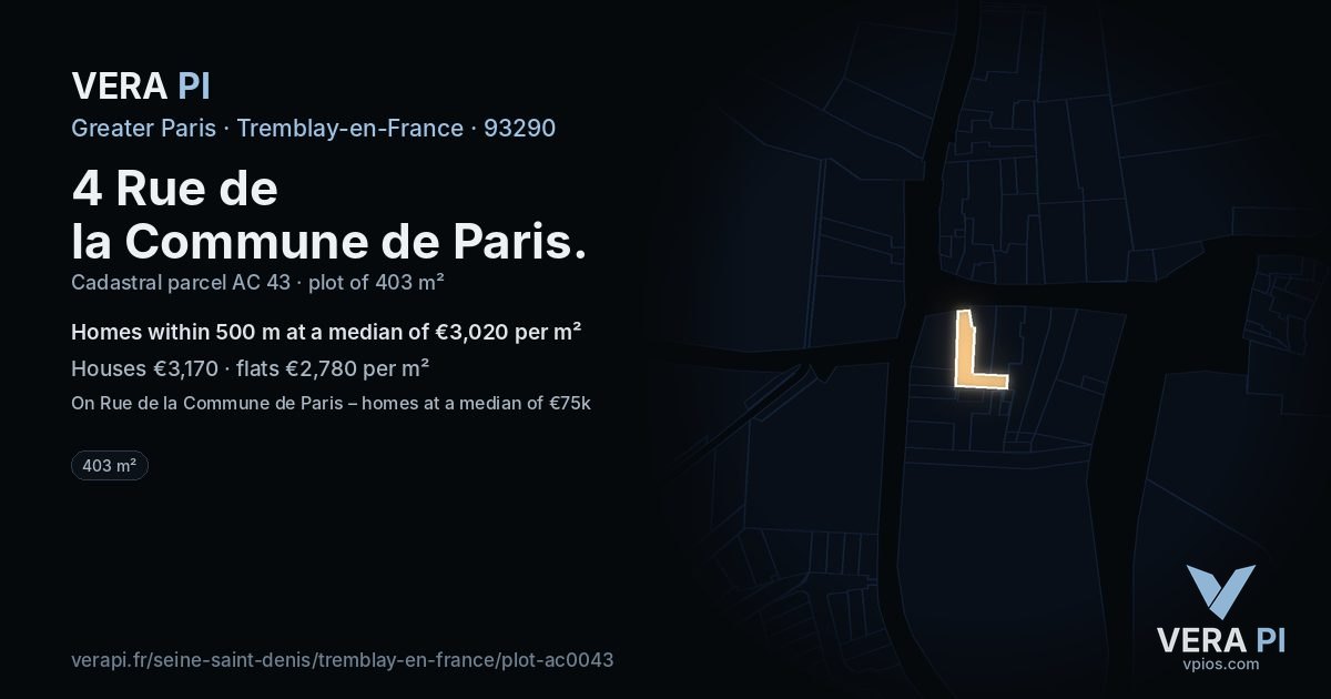 4 Rue de la Commune de Paris, Tremblay-en-France at night – the plot lit, the parcels around coloured by the prices near them
