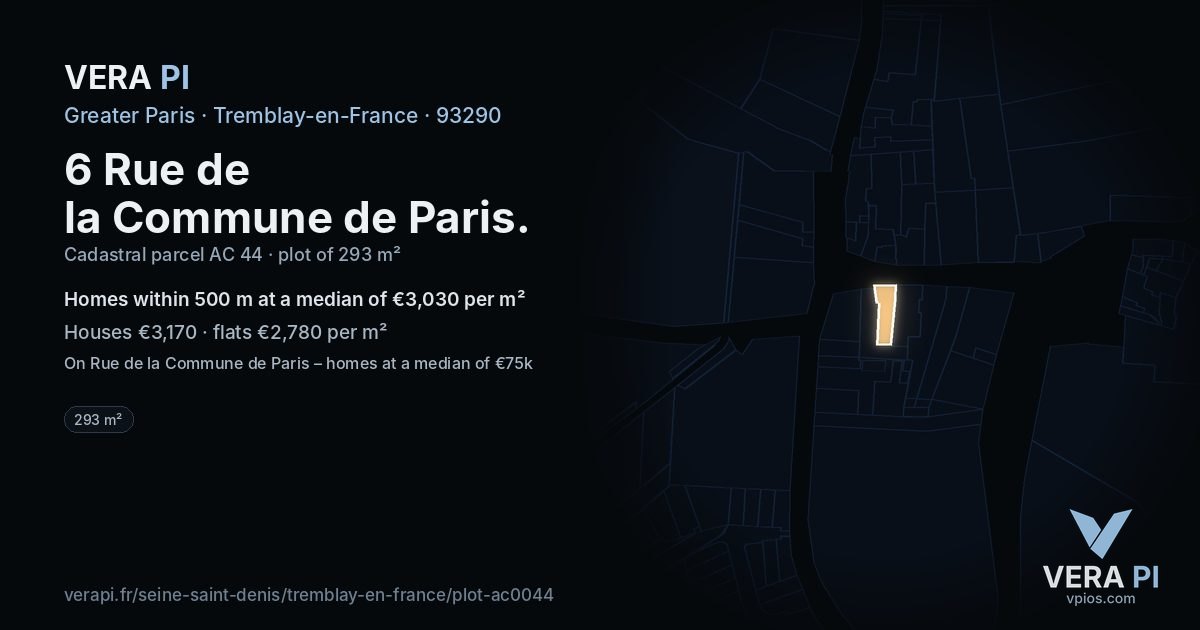 6 Rue de la Commune de Paris, Tremblay-en-France at night – the plot lit, the parcels around coloured by the prices near them