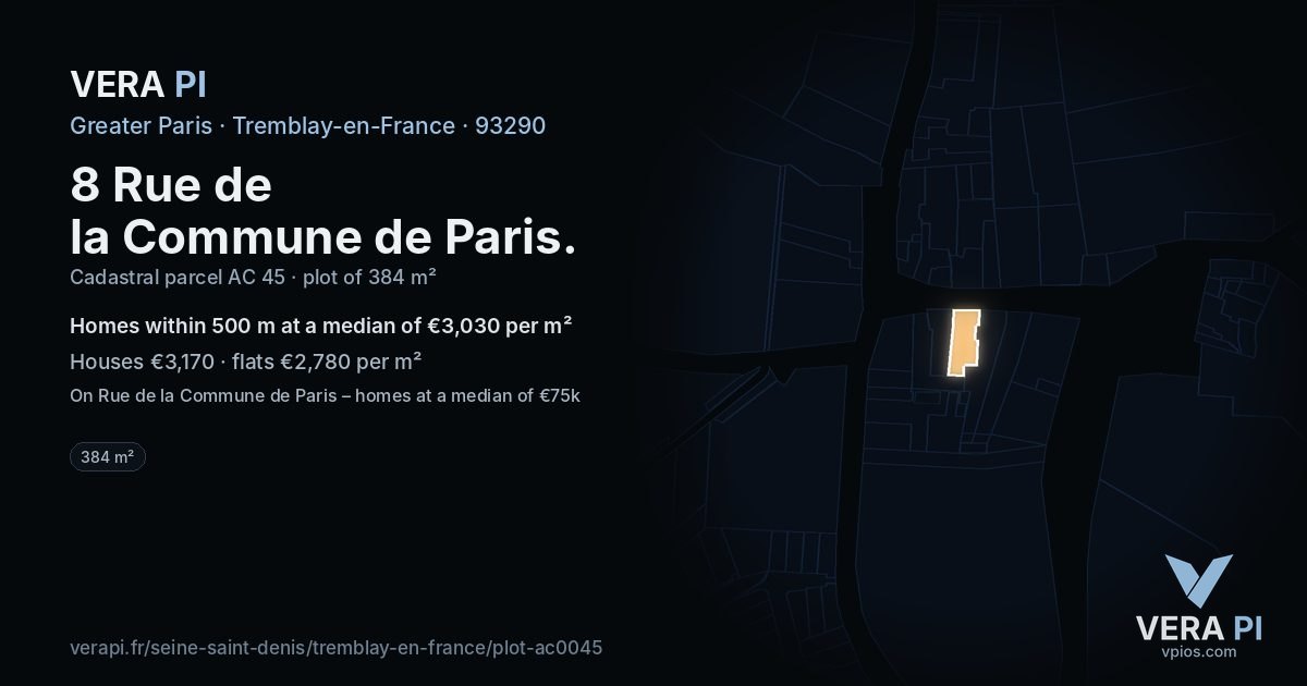 8 Rue de la Commune de Paris, Tremblay-en-France at night – the plot lit, the parcels around coloured by the prices near them