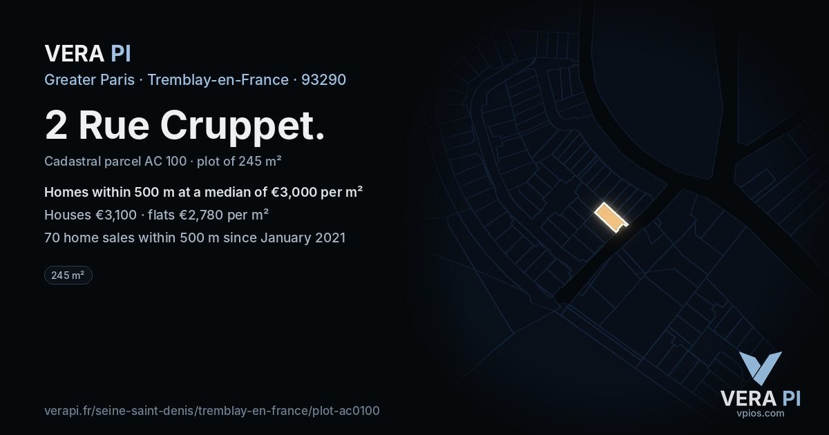 2 Rue Cruppet, Tremblay-en-France at night – the plot lit, the parcels around coloured by the prices near them
