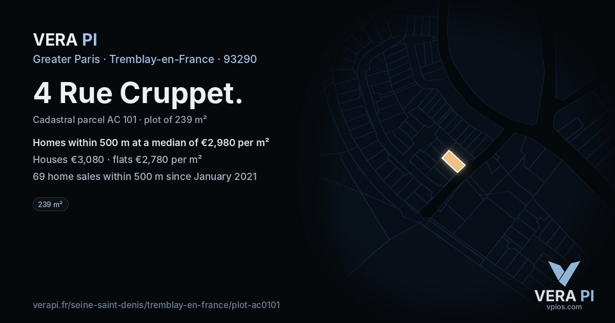 4 Rue Cruppet, Tremblay-en-France at night – the plot lit, the parcels around coloured by the prices near them
