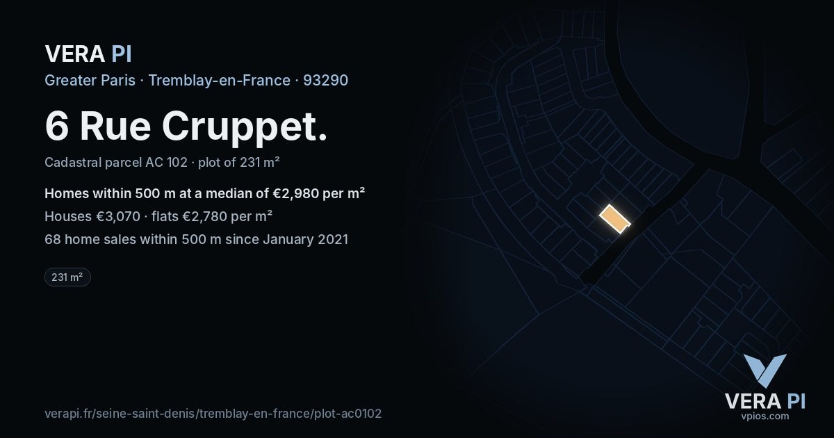 6 Rue Cruppet, Tremblay-en-France at night – the plot lit, the parcels around coloured by the prices near them