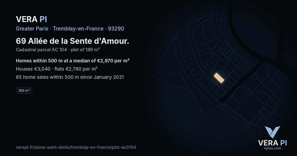 69 Allée de la Sente d'Amour, Tremblay-en-France at night – the plot lit, the parcels around coloured by the prices near them