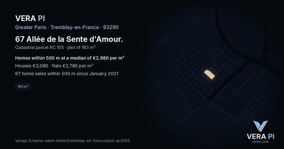 67 Allée de la Sente d'Amour, Tremblay-en-France at night – the plot lit, the parcels around coloured by the prices near them