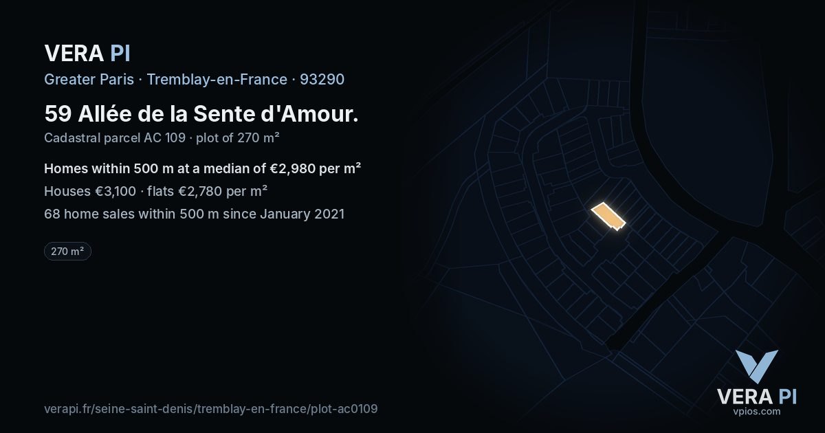 59 Allée de la Sente d'Amour, Tremblay-en-France at night – the plot lit, the parcels around coloured by the prices near them