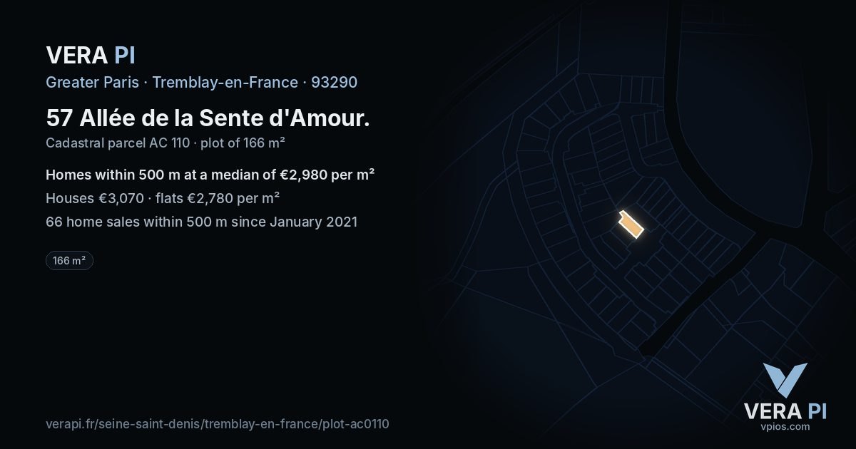 57 Allée de la Sente d'Amour, Tremblay-en-France at night – the plot lit, the parcels around coloured by the prices near them