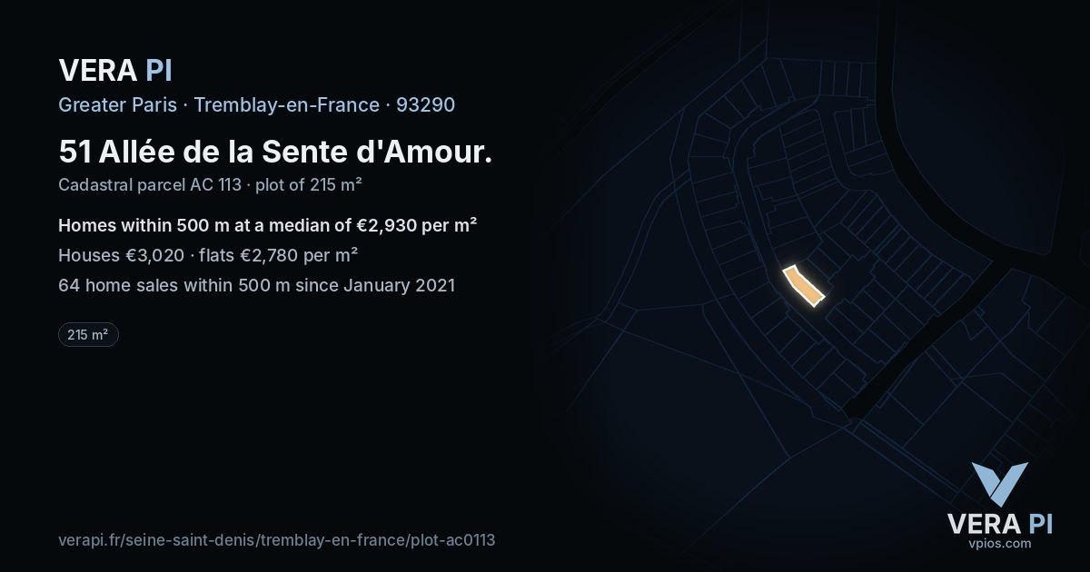 51 Allée de la Sente d'Amour, Tremblay-en-France at night – the plot lit, the parcels around coloured by the prices near them