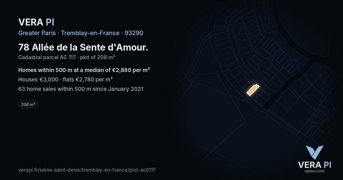 78 Allée de la Sente d'Amour, Tremblay-en-France at night – the plot lit, the parcels around coloured by the prices near them