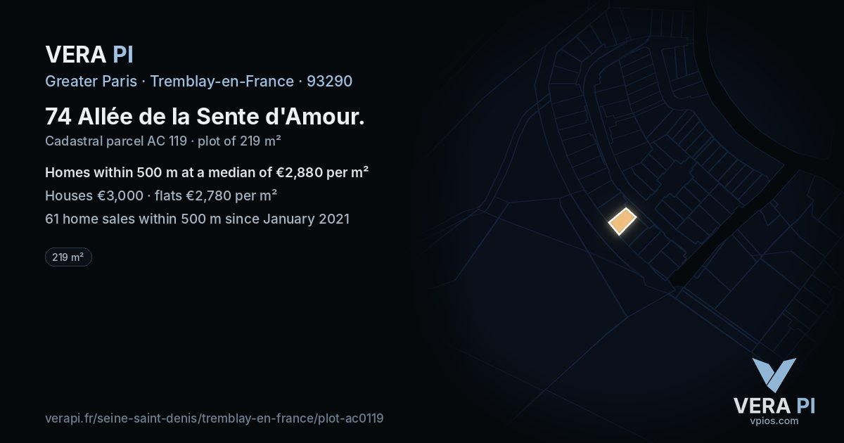 74 Allée de la Sente d'Amour, Tremblay-en-France at night – the plot lit, the parcels around coloured by the prices near them