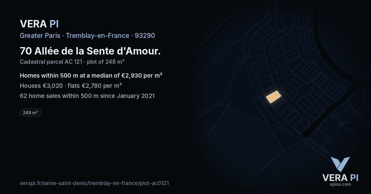 70 Allée de la Sente d'Amour, Tremblay-en-France at night – the plot lit, the parcels around coloured by the prices near them