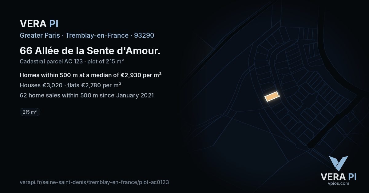 66 Allée de la Sente d'Amour, Tremblay-en-France at night – the plot lit, the parcels around coloured by the prices near them