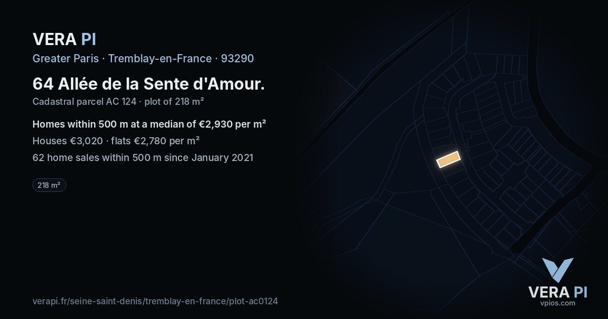 64 Allée de la Sente d'Amour, Tremblay-en-France at night – the plot lit, the parcels around coloured by the prices near them