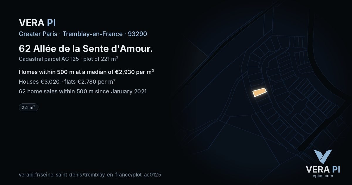 62 Allée de la Sente d'Amour, Tremblay-en-France at night – the plot lit, the parcels around coloured by the prices near them