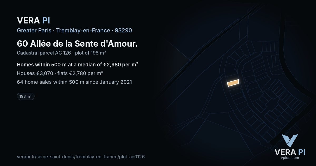 60 Allée de la Sente d'Amour, Tremblay-en-France at night – the plot lit, the parcels around coloured by the prices near them