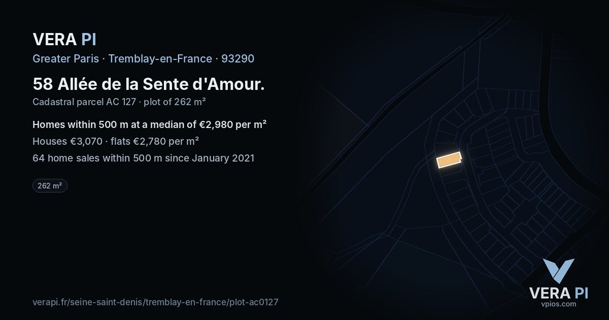 58 Allée de la Sente d'Amour, Tremblay-en-France at night – the plot lit, the parcels around coloured by the prices near them
