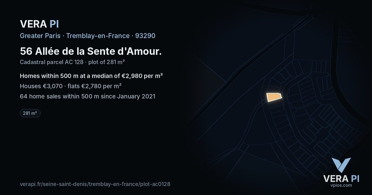 56 Allée de la Sente d'Amour, Tremblay-en-France at night – the plot lit, the parcels around coloured by the prices near them