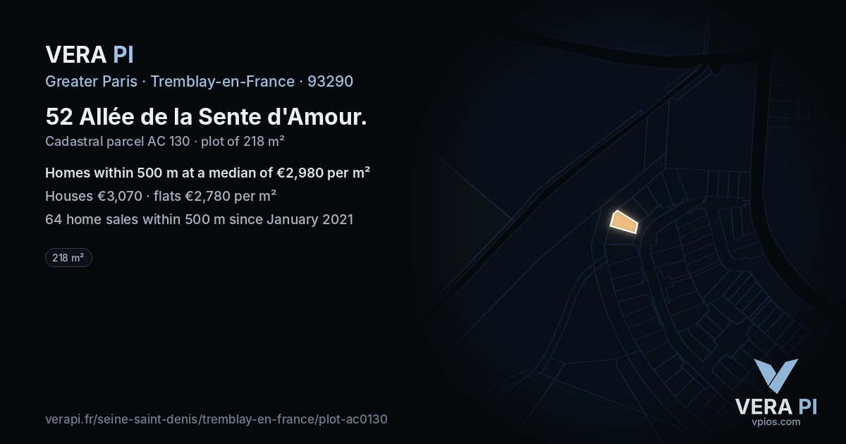 52 Allée de la Sente d'Amour, Tremblay-en-France at night – the plot lit, the parcels around coloured by the prices near them