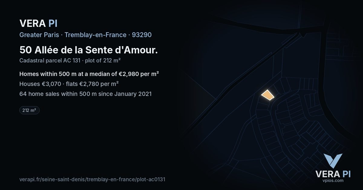 50 Allée de la Sente d'Amour, Tremblay-en-France at night – the plot lit, the parcels around coloured by the prices near them