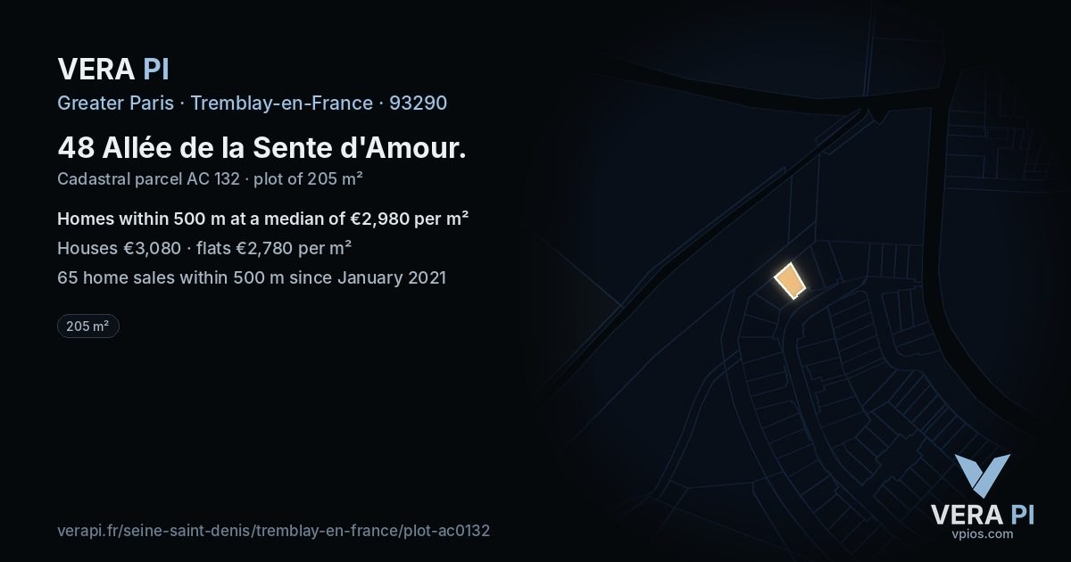 48 Allée de la Sente d'Amour, Tremblay-en-France at night – the plot lit, the parcels around coloured by the prices near them