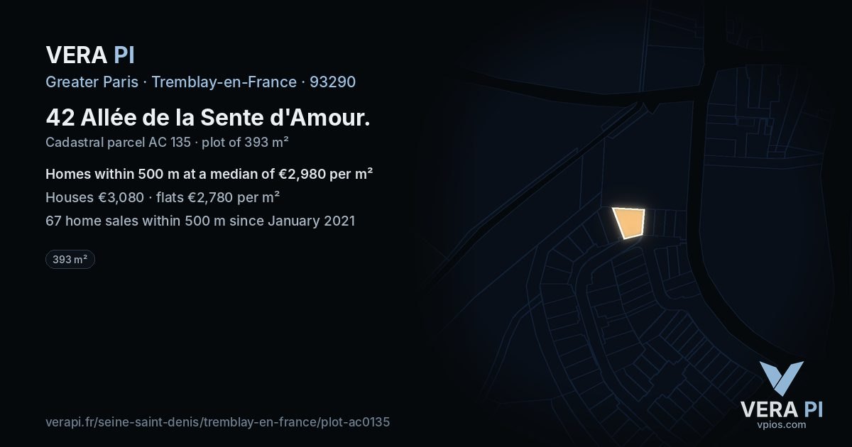 42 Allée de la Sente d'Amour, Tremblay-en-France at night – the plot lit, the parcels around coloured by the prices near them