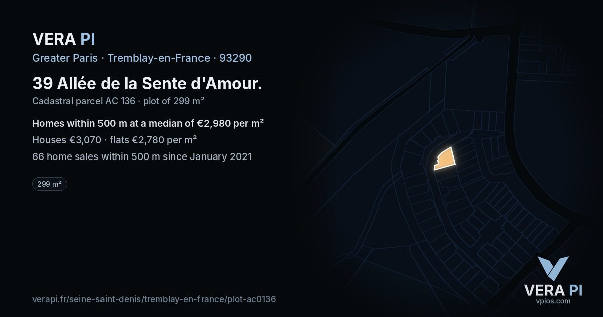 39 Allée de la Sente d'Amour, Tremblay-en-France at night – the plot lit, the parcels around coloured by the prices near them