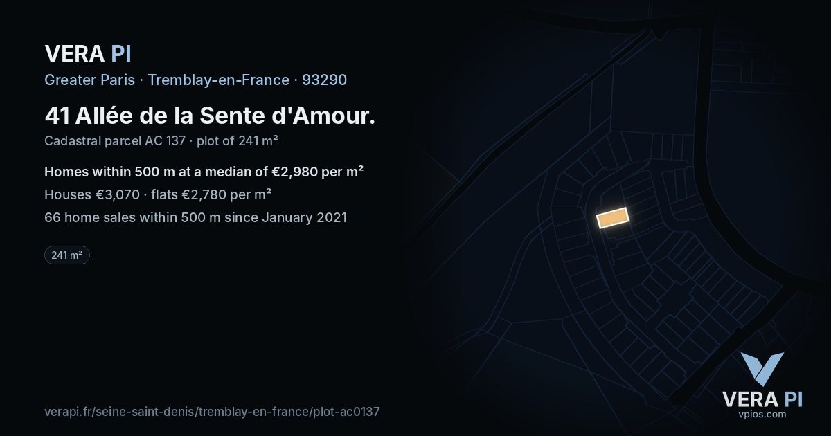 41 Allée de la Sente d'Amour, Tremblay-en-France at night – the plot lit, the parcels around coloured by the prices near them