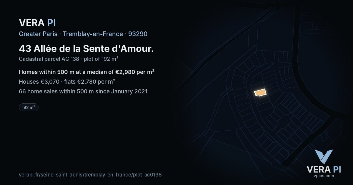43 Allée de la Sente d'Amour, Tremblay-en-France at night – the plot lit, the parcels around coloured by the prices near them