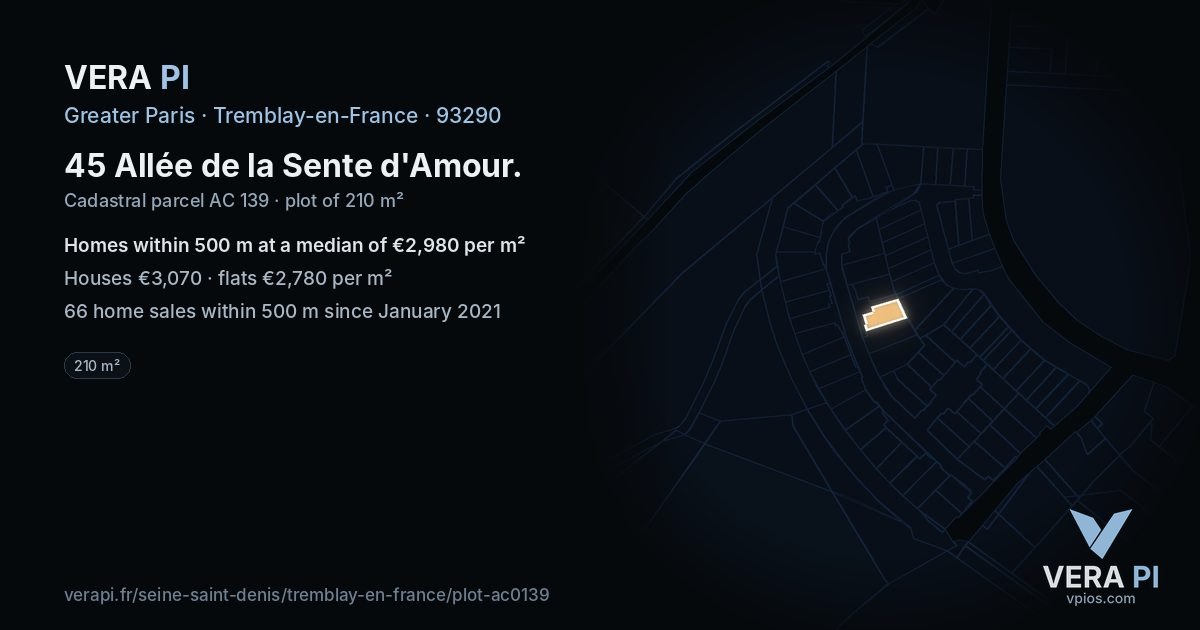 45 Allée de la Sente d'Amour, Tremblay-en-France at night – the plot lit, the parcels around coloured by the prices near them