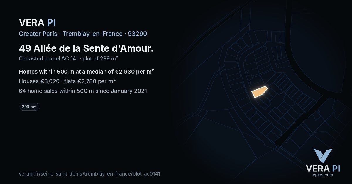 49 Allée de la Sente d'Amour, Tremblay-en-France at night – the plot lit, the parcels around coloured by the prices near them