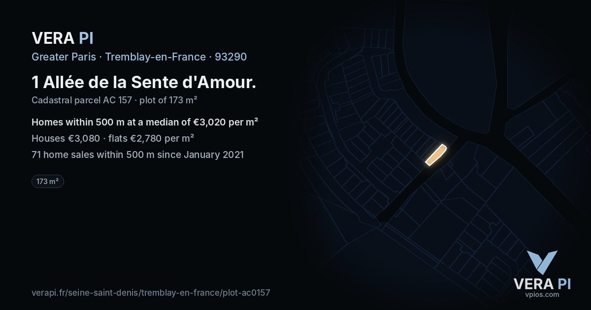 1 Allée de la Sente d'Amour, Tremblay-en-France at night – the plot lit, the parcels around coloured by the prices near them