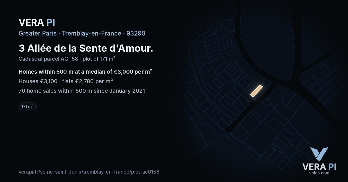 3 Allée de la Sente d'Amour, Tremblay-en-France at night – the plot lit, the parcels around coloured by the prices near them
