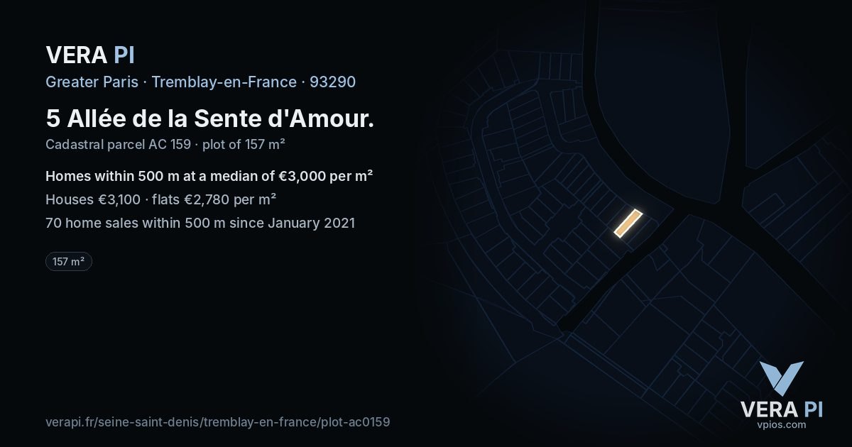 5 Allée de la Sente d'Amour, Tremblay-en-France at night – the plot lit, the parcels around coloured by the prices near them