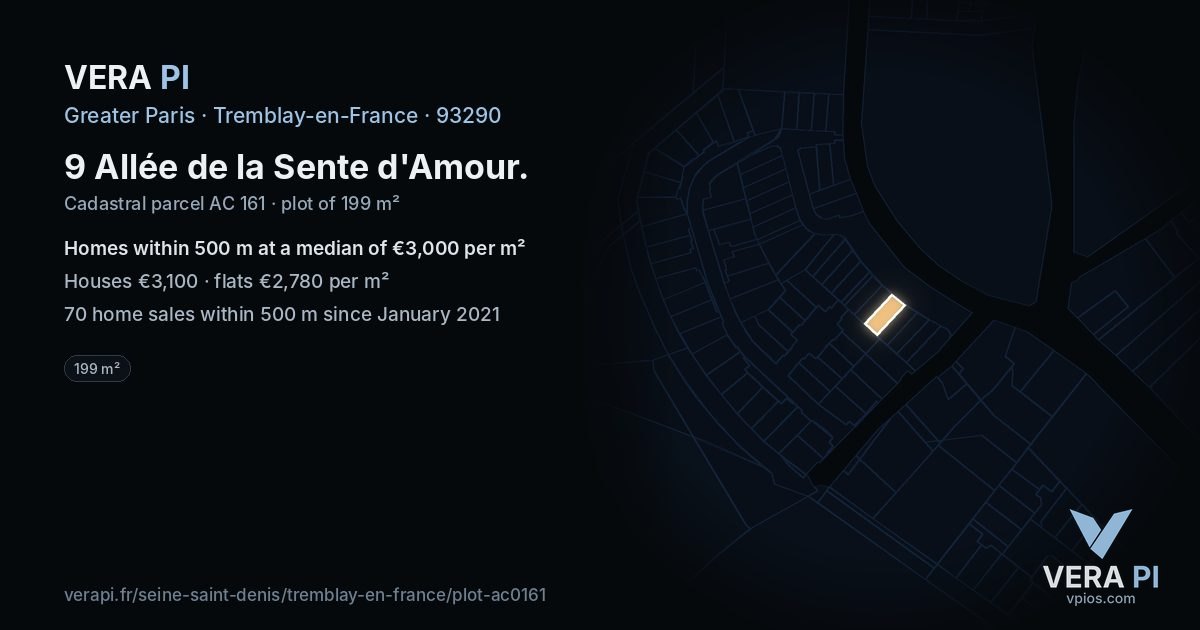 9 Allée de la Sente d'Amour, Tremblay-en-France at night – the plot lit, the parcels around coloured by the prices near them