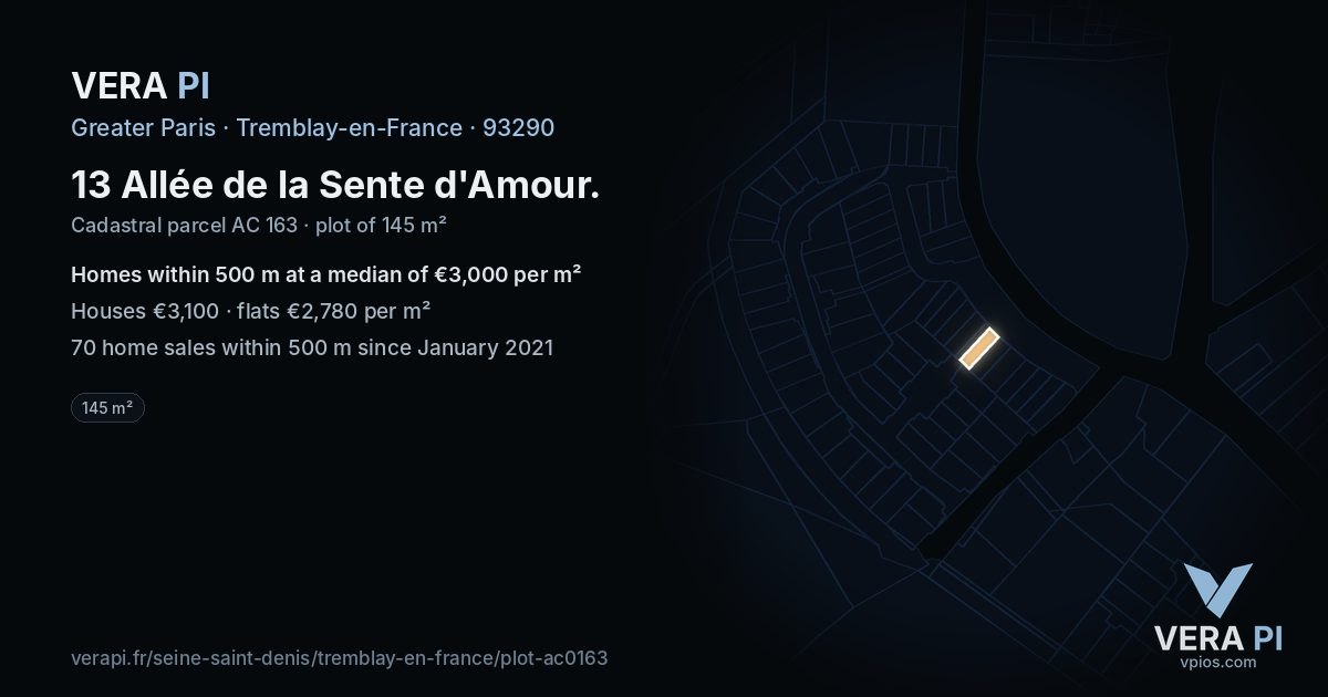 13 Allée de la Sente d'Amour, Tremblay-en-France at night – the plot lit, the parcels around coloured by the prices near them