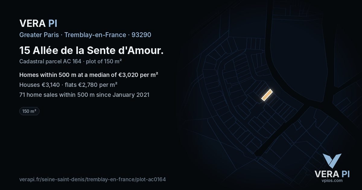 15 Allée de la Sente d'Amour, Tremblay-en-France at night – the plot lit, the parcels around coloured by the prices near them