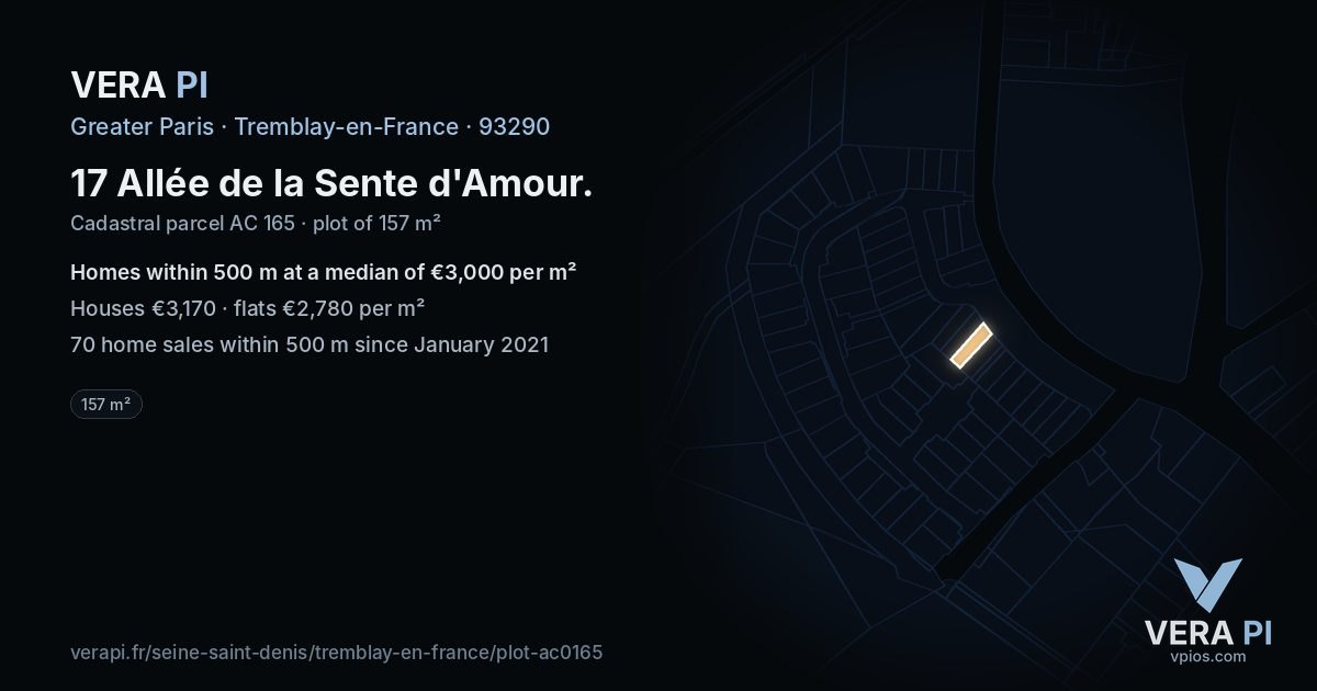 17 Allée de la Sente d'Amour, Tremblay-en-France at night – the plot lit, the parcels around coloured by the prices near them