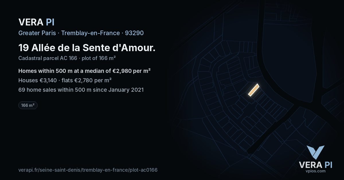 19 Allée de la Sente d'Amour, Tremblay-en-France at night – the plot lit, the parcels around coloured by the prices near them