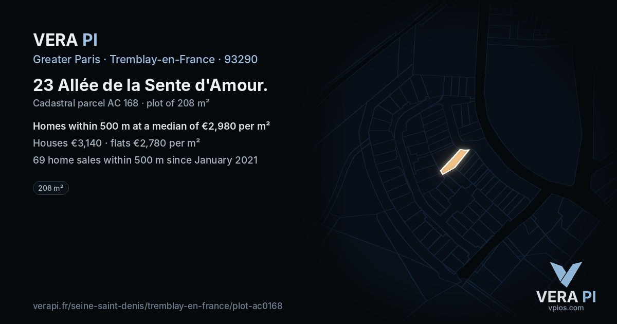 23 Allée de la Sente d'Amour, Tremblay-en-France at night – the plot lit, the parcels around coloured by the prices near them