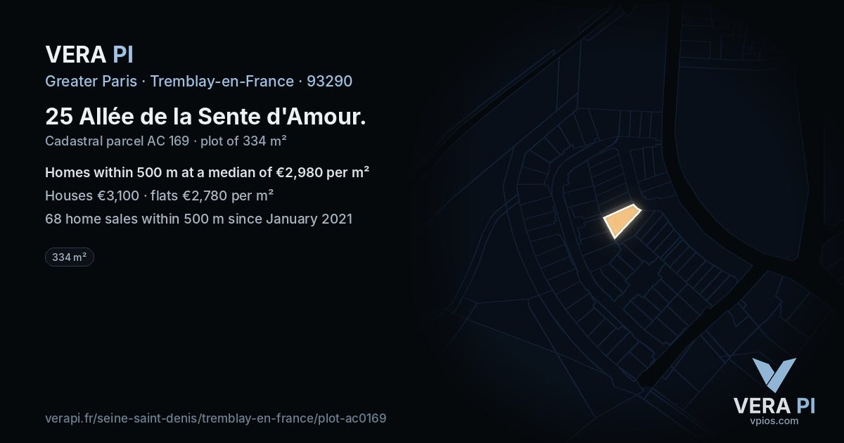 25 Allée de la Sente d'Amour, Tremblay-en-France at night – the plot lit, the parcels around coloured by the prices near them